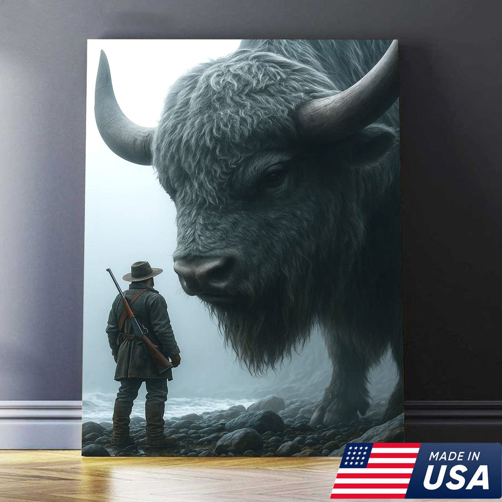Giant Bison and Cowboy Wall Art Canvas, Western Hunter Standing by Buffalo Print