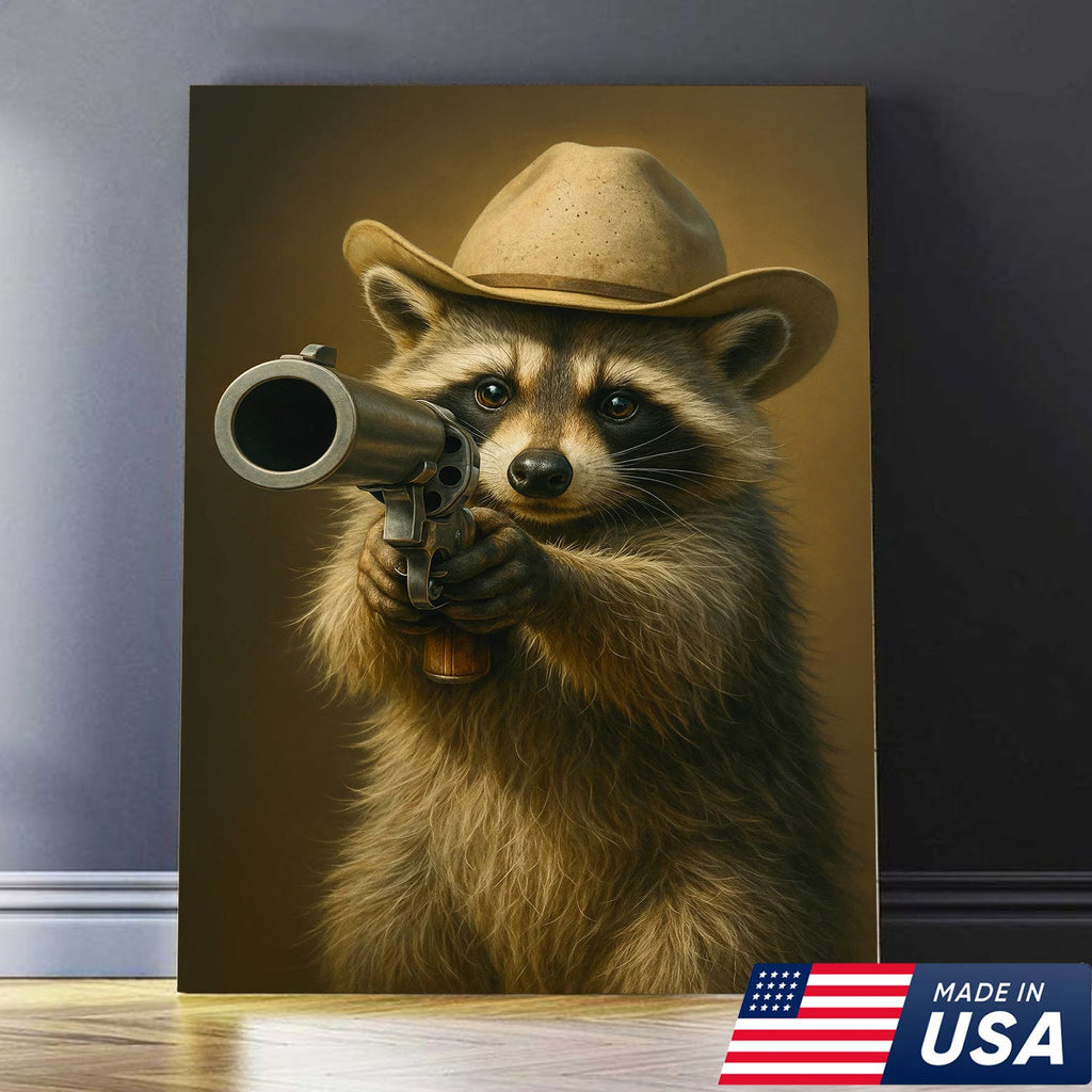 Cowboy Raccoon with Revolver Canvas Wall Art, Funny Western Critter Decor