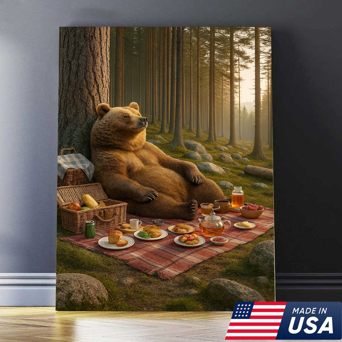 Bear Picnic Forest Wall Art Canvas – Relaxing Woodland Bear Canvas Print for Kitchen Cabin Decor