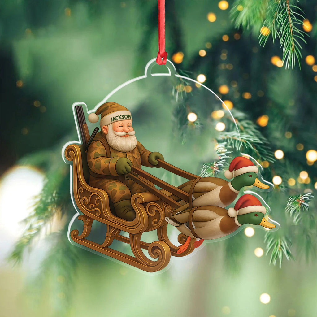 Personalized Funny Santa Hunter Acrylic Ornament– Duck Hunting Christmas Wall Art, Santa Claus with Ducks Sleigh, Custom Hunter Gift for Men