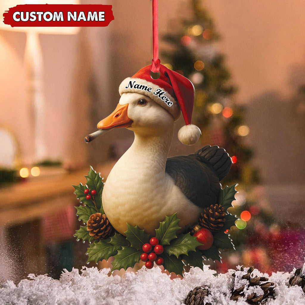 Personalized Funny Duck Smoking Acrylic Christmas Ornament – Custom Name Holiday Gift for Hunters & Outdoor Lovers