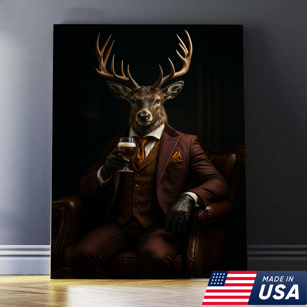 Deer Gentleman Canvas Wall Art – Rustic Lodge Decor, Anthropomorphic Buck in Suit