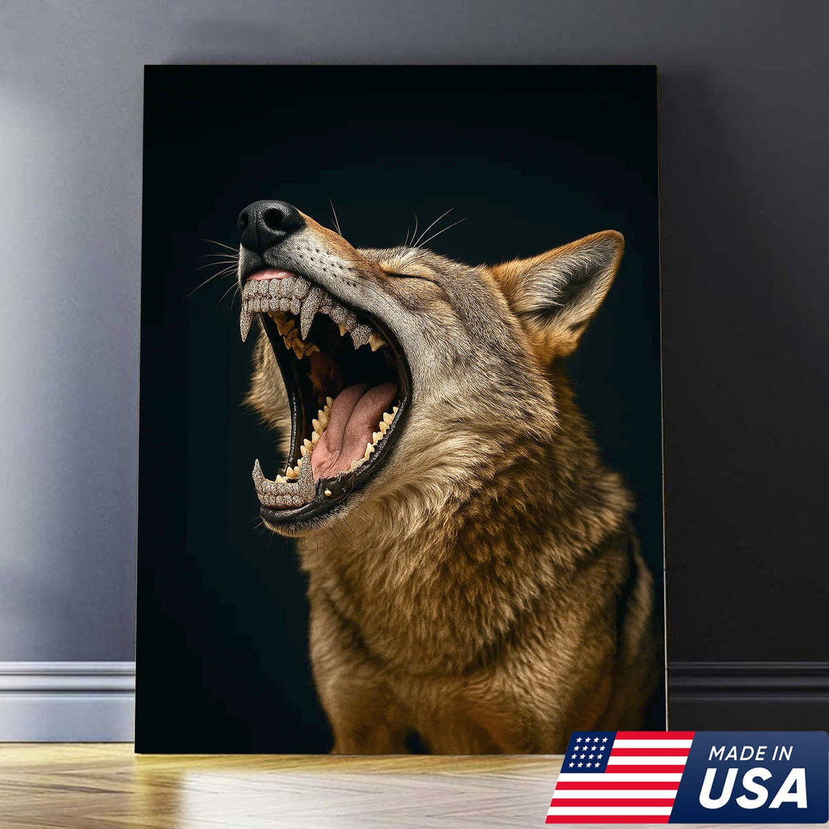 Roaring Wolf Canvas Wall Art, Fierce Animal Portrait Artwork, Rustic Wildlife Decor