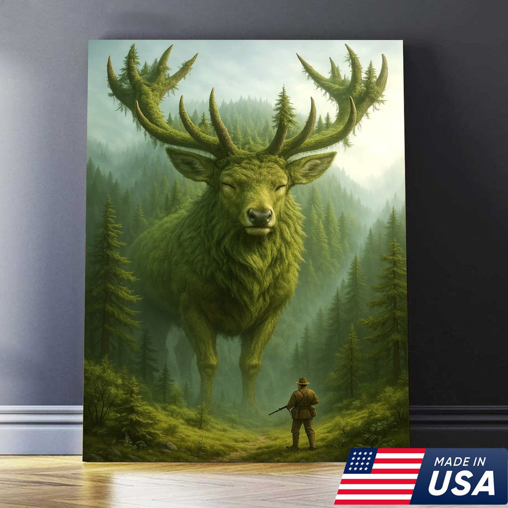 Forest Spirit Deer Wall Art Canvas, Giant Moss Elk with Hunter Fantasy Landscape