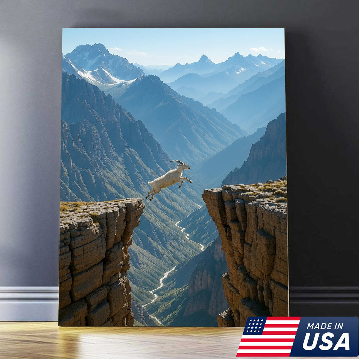 Mountain Goat Cliff Jump Canvas Wall Art, Alpine Canyon Landscape Print