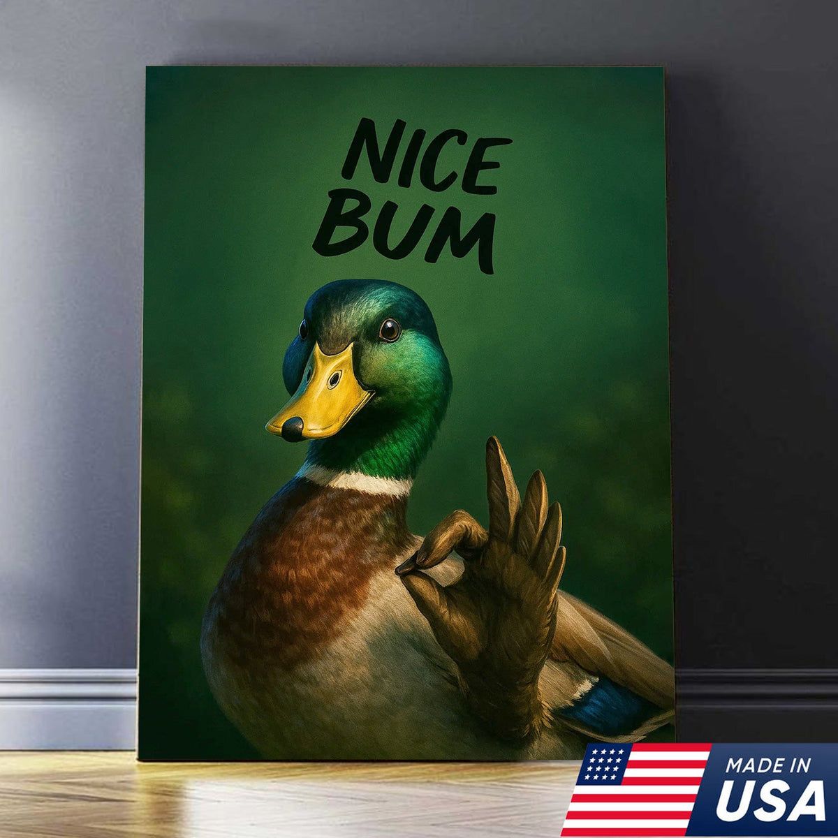 Cheeky Duck Canvas Wall Art – Funny Mallard Humor Print – Playful Rustic Lodge Bathroom Decor