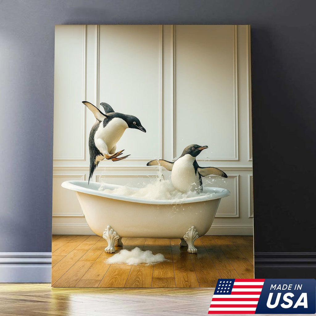 Playful Penguin Bubble Bath Wall Art Canvas, Jumping Penguins in Bathtub Bathroom Decor