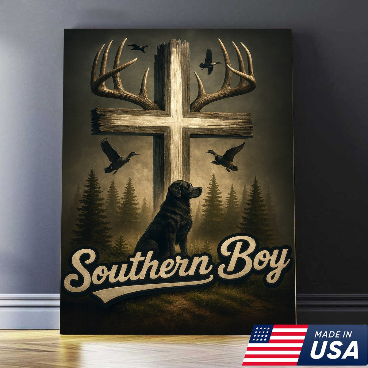 Southern Boy Canvas Wall Art, Deer Antler Cross with Labrador Retriever and Flying Ducks