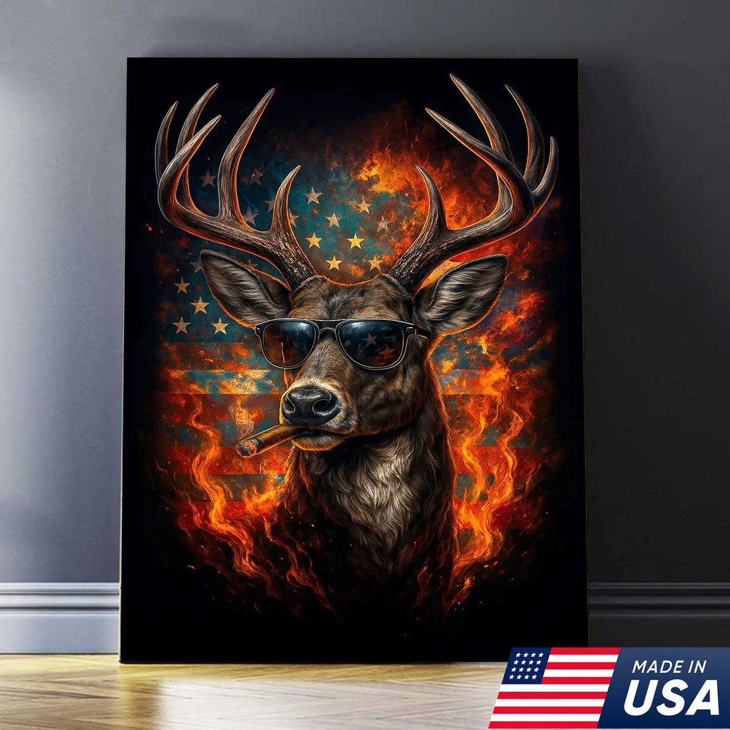 Patriotic Deer Wall Art Canvas – Cool Buck with Sunglasses and American Flag