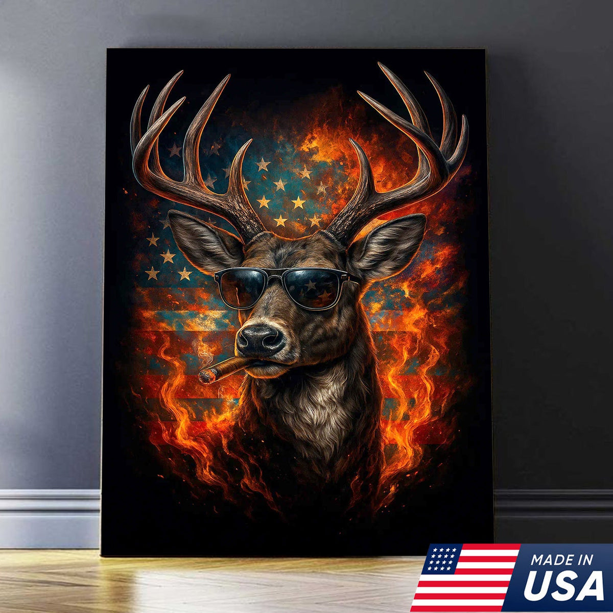 Patriotic Deer Wall Art Canvas – Cool Buck with Sunglasses and American Flag