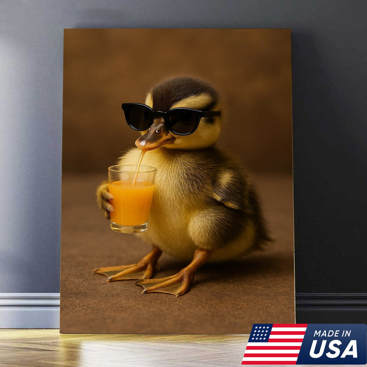 Funny Duckling Canvas Wall Art, Cute Baby Duck Drinking Juice Print