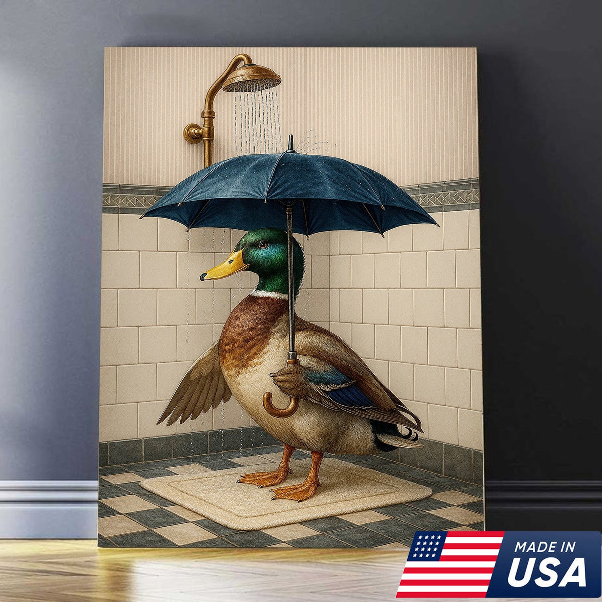 Duck with Umbrella in Shower Canvas Wall Art, Quirky Bathroom Wall Decor