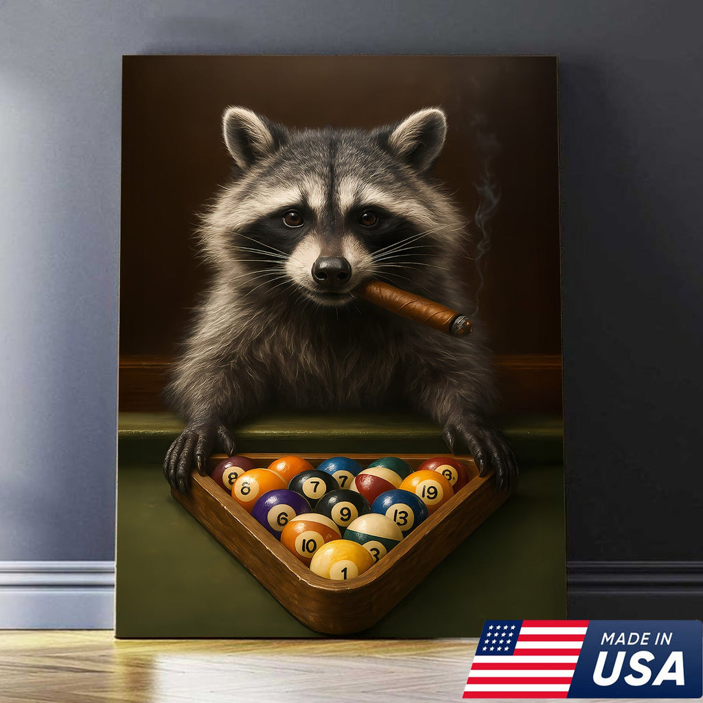 Funny Raccoon Pool Player Canvas – Perfect Gift for Billiards Lovers & Outdoors Men