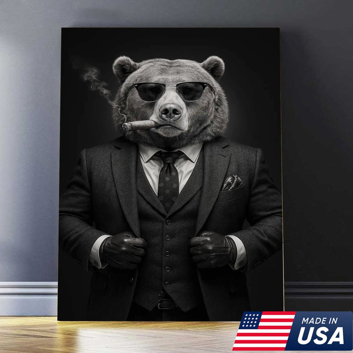 Bear in Suit Canvas Wall Art, Black and White Animal Portrait, Modern Office Decor for Men