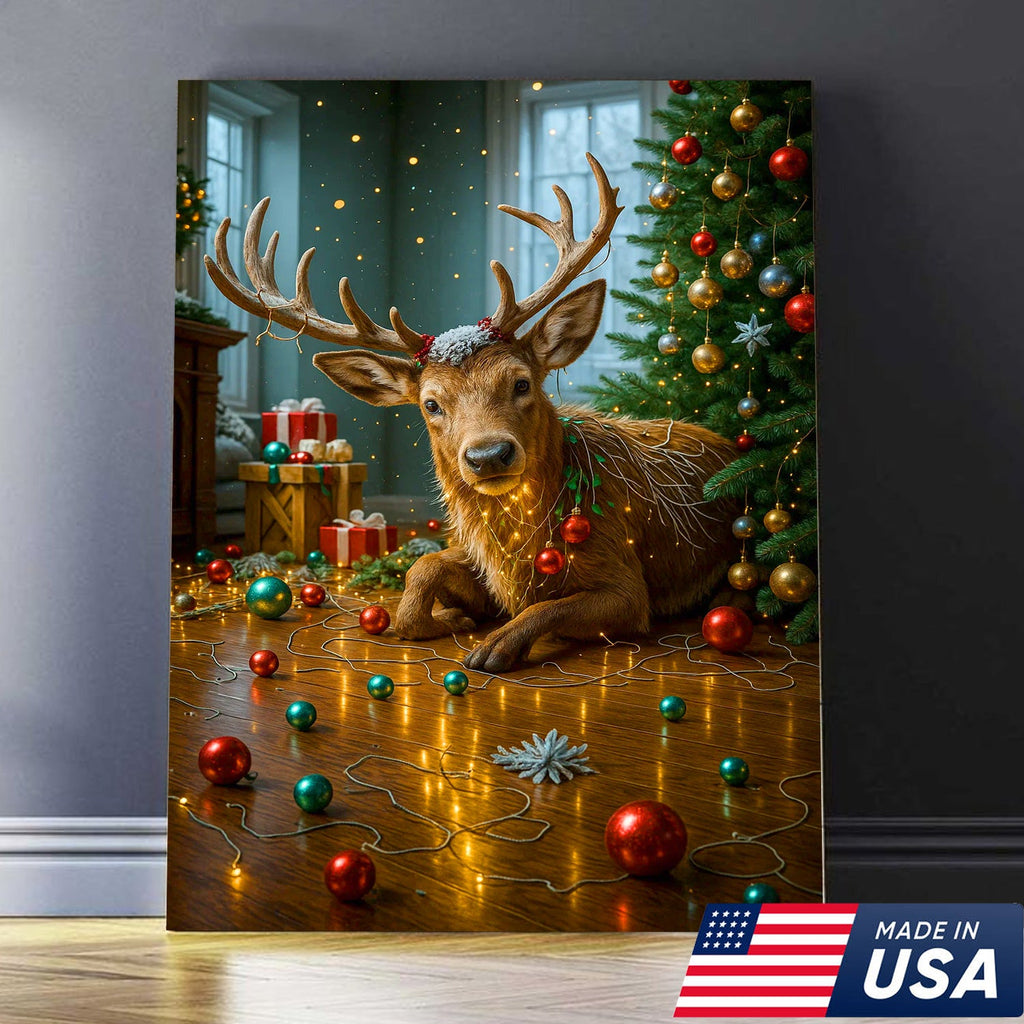 Christmas Reindeer Living Room Canvas Wall Art, Cute Deer With Christmas Tree and Ornaments