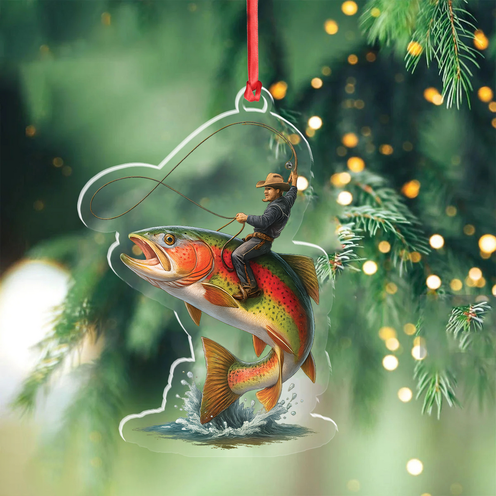 Personalized Funny Fishing Acrylic Ornament – Cowboy Riding Fish Christmas Decoration for Fishermen
