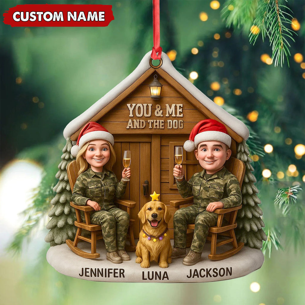 Personalized Hunter Couple Dog Christmas Ornament, Custom Name “You and Me and the Dog” Cabin, Cute Hunting Family Pet Lover Gift