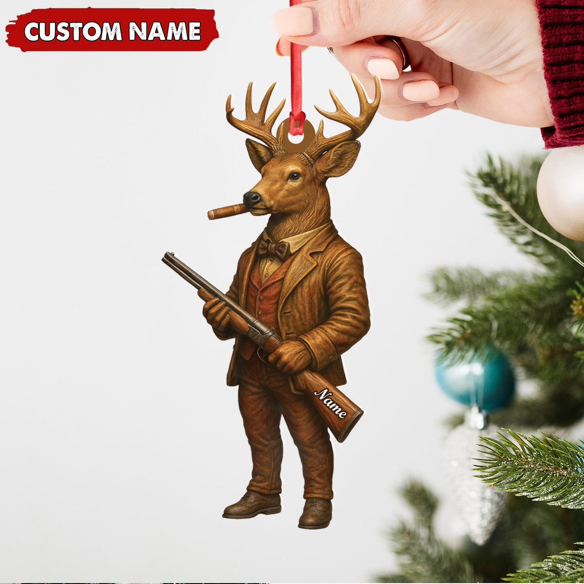 Personalized Acrylic Deer Hunter Christmas Ornament – Custom Name Rustic Hunting Lodge Decor
