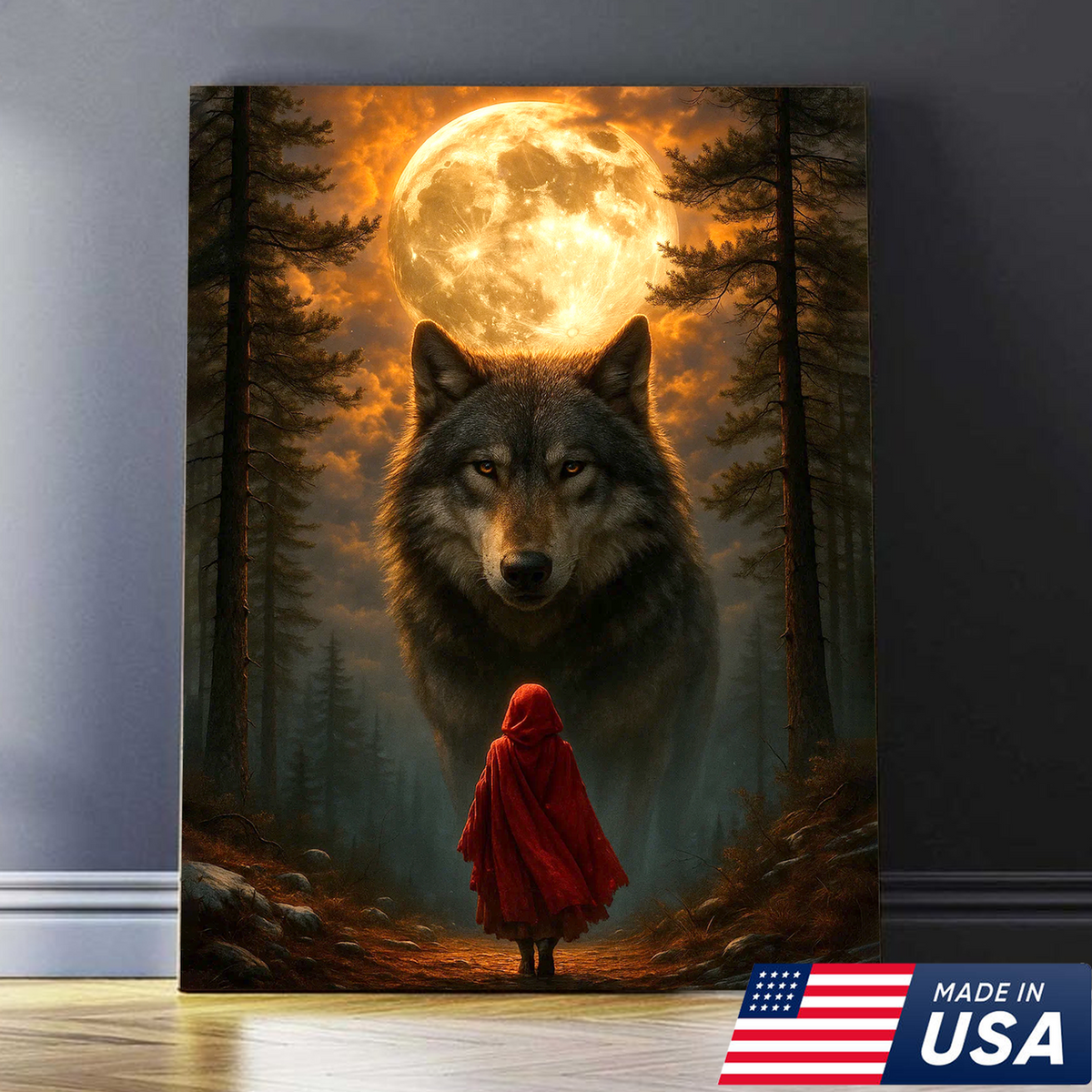 Wolf and Little Red Riding Hood Canvas Wall Art – Fantasy Moonlit Forest Scene