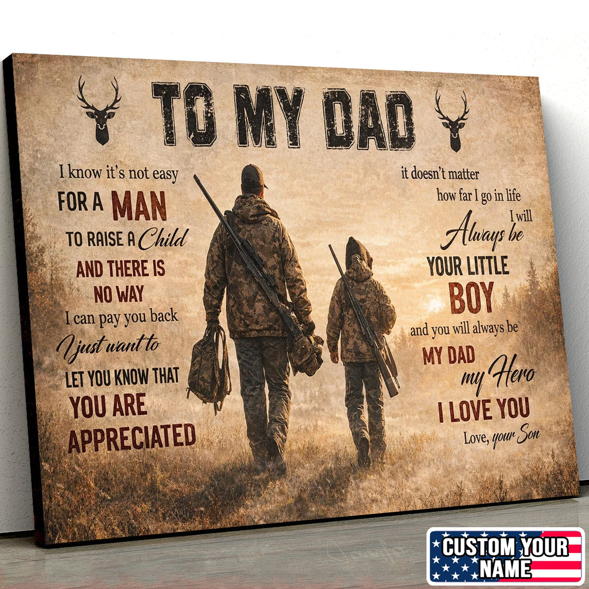 To My Dad Hunting Canvas Print, Father and Son Deer Hunting Wall Art Personalized Gift