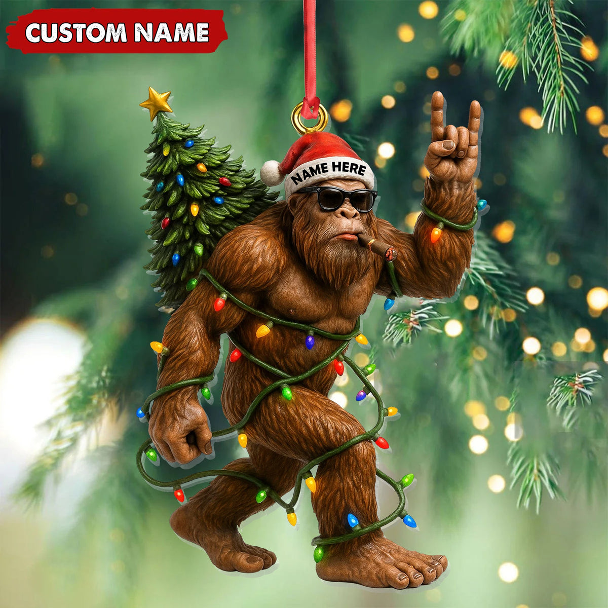 Personalized Bigfoot Christmas Ornament, Custom Name Funny Holiday Gift for Hunters