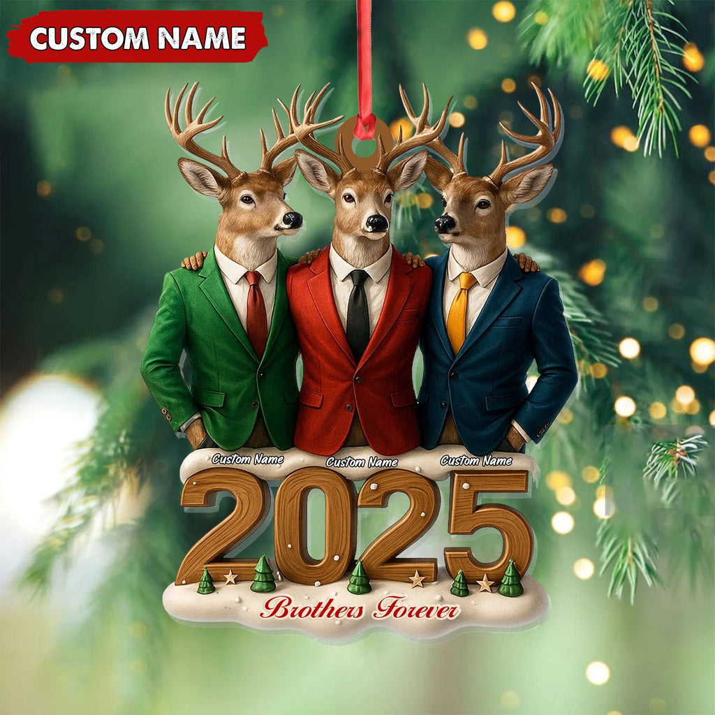 Personalized Brothers Forever 2025 Christmas Ornament, Custom Name Deer Trio in Suits, Funny Family Brother Gift Decor