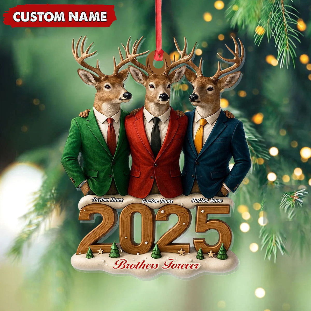 Personalized Brothers Forever 2025 Christmas Ornament, Custom Name Deer Trio in Suits, Funny Family Brother Gift Decor