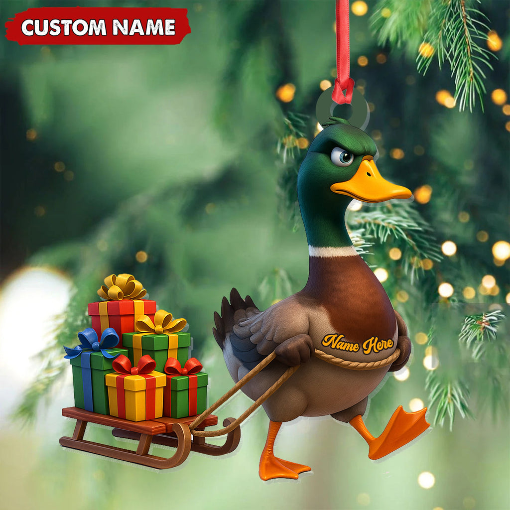 Funny Duck Acrylic Christmas Ornament - Mallard Pulling Gifts, Unique Christmas Gift for Hunters