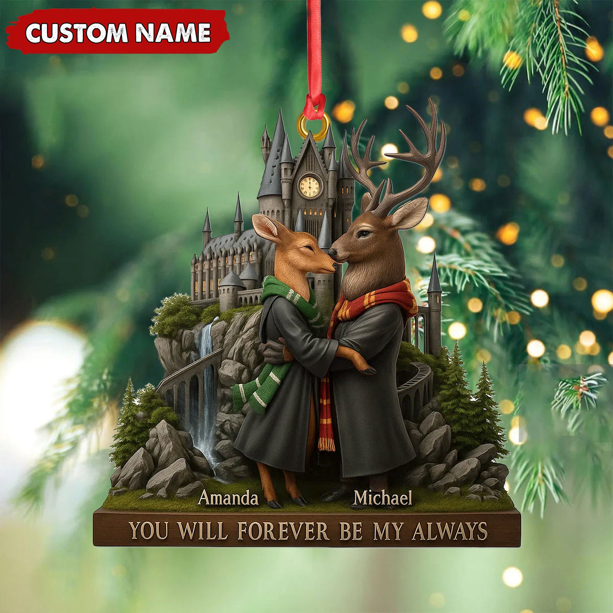 Personalized Wizard Castle Deer Couple Ornament, Custom Name Fantasy Lovers Christmas Gift, Magic School Romance Tree Decoration