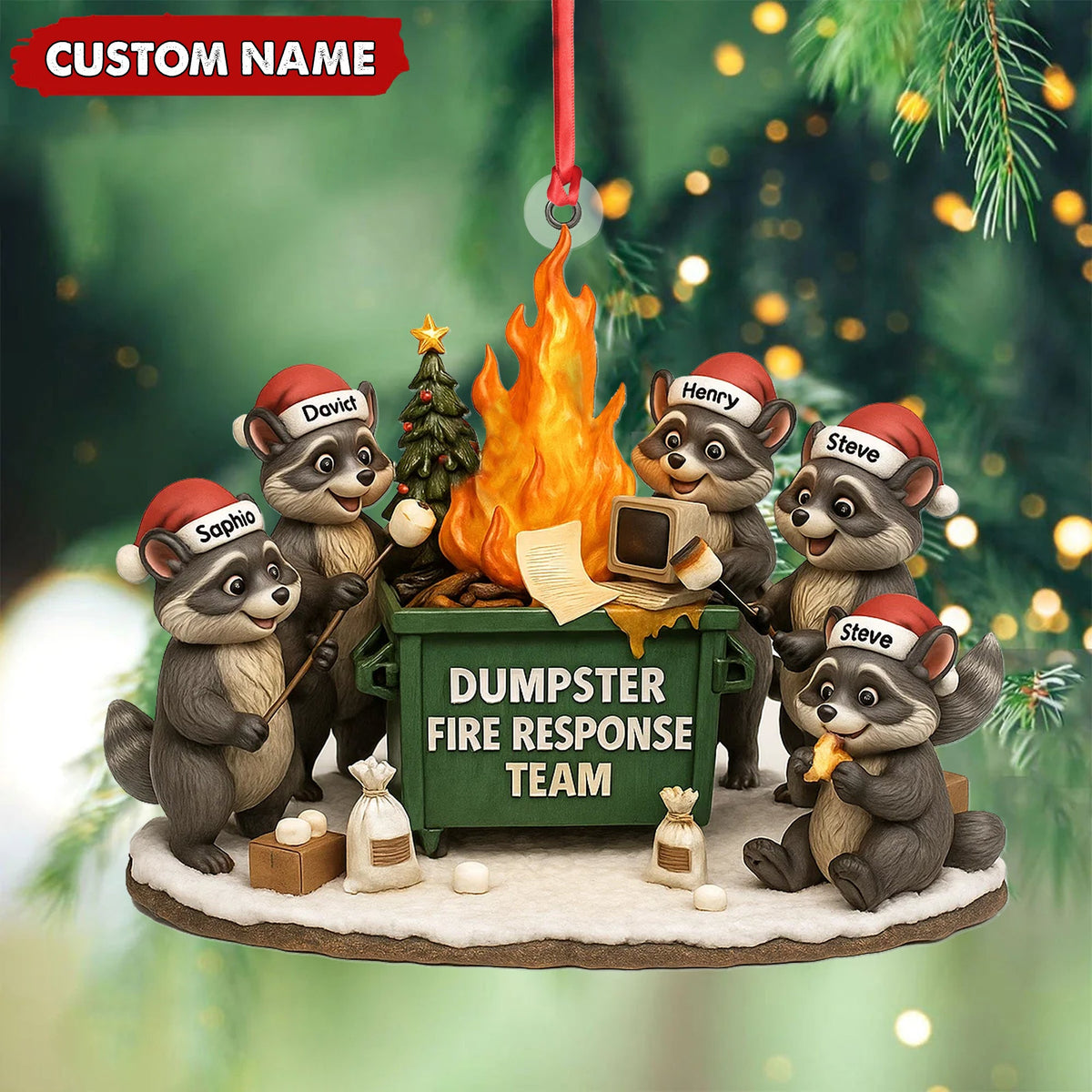 Personalized Dumpster Fire Response Team Christmas Ornament, Custom Name Raccoon Office Crew Gift, Funny Workplace Dumpster Fire Holiday Decor