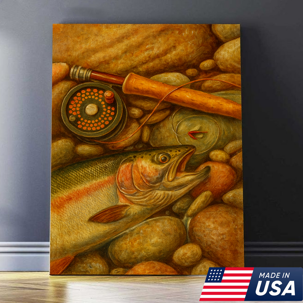 ly Fishing Canvas Wall Art – Retro Trout Painting with Rod & Reel Rustic Cabin Lodge Decor