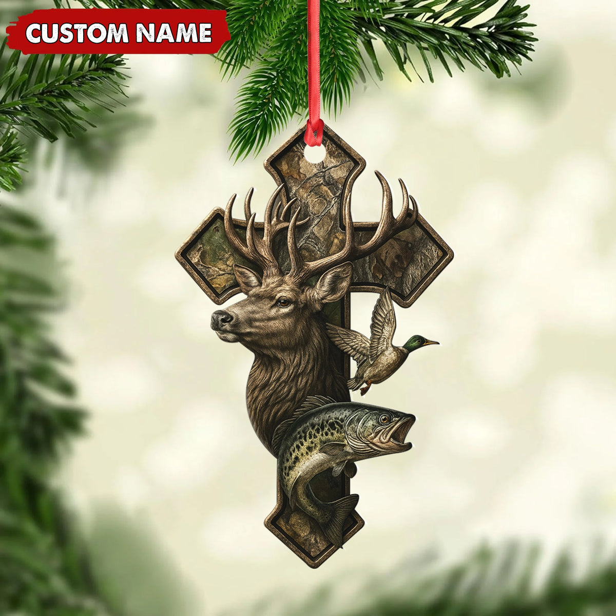 Personalized Hunter Acrylic Ornament – Deer, Duck & Fish Cross Design for Christmas Tree Decor