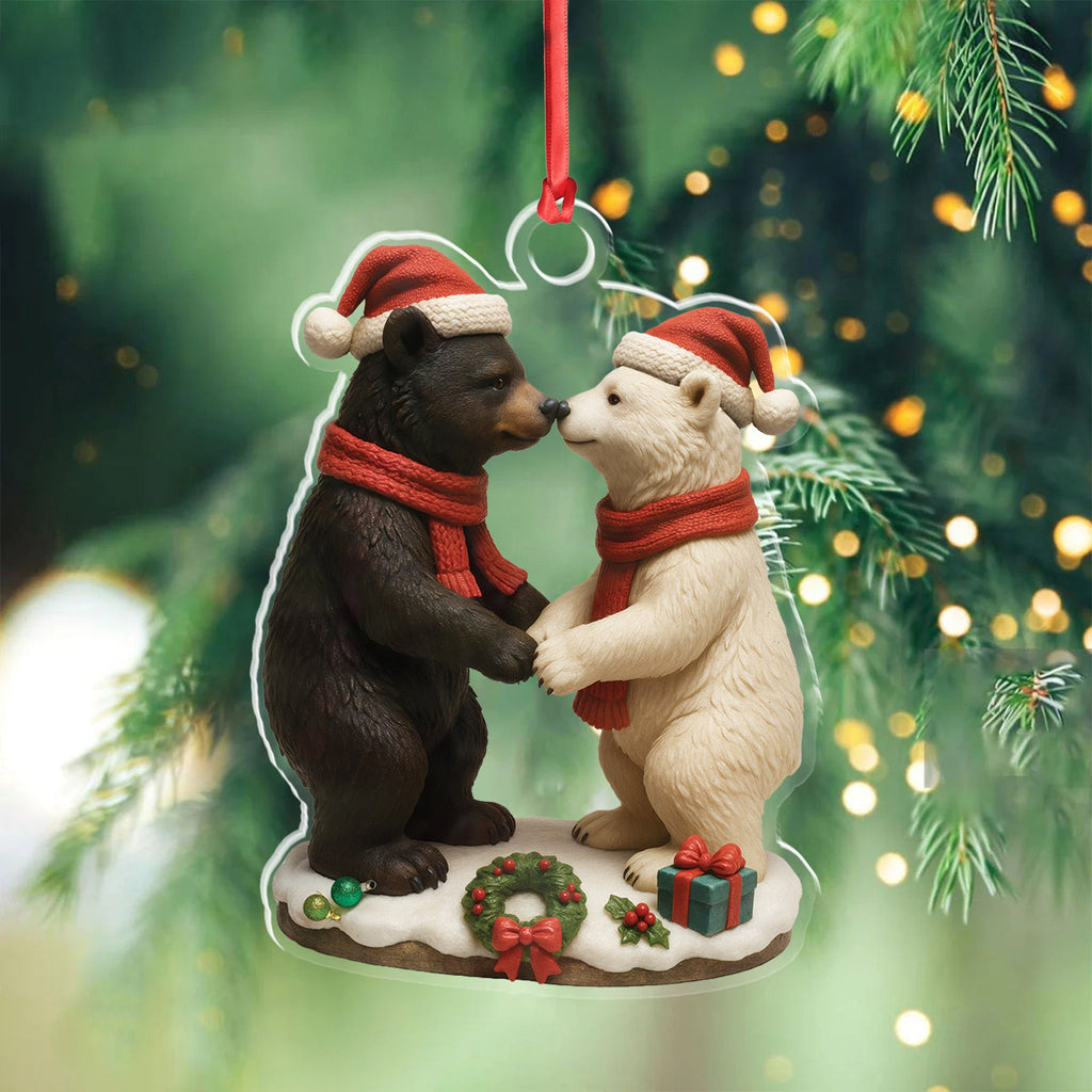 Christmas Bear Couple Figurine Acrylic Ornament – Cute Holiday Decor for Couples, Polar and Brown Bear Love Statue, Romantic Christmas Gift for Him or Her