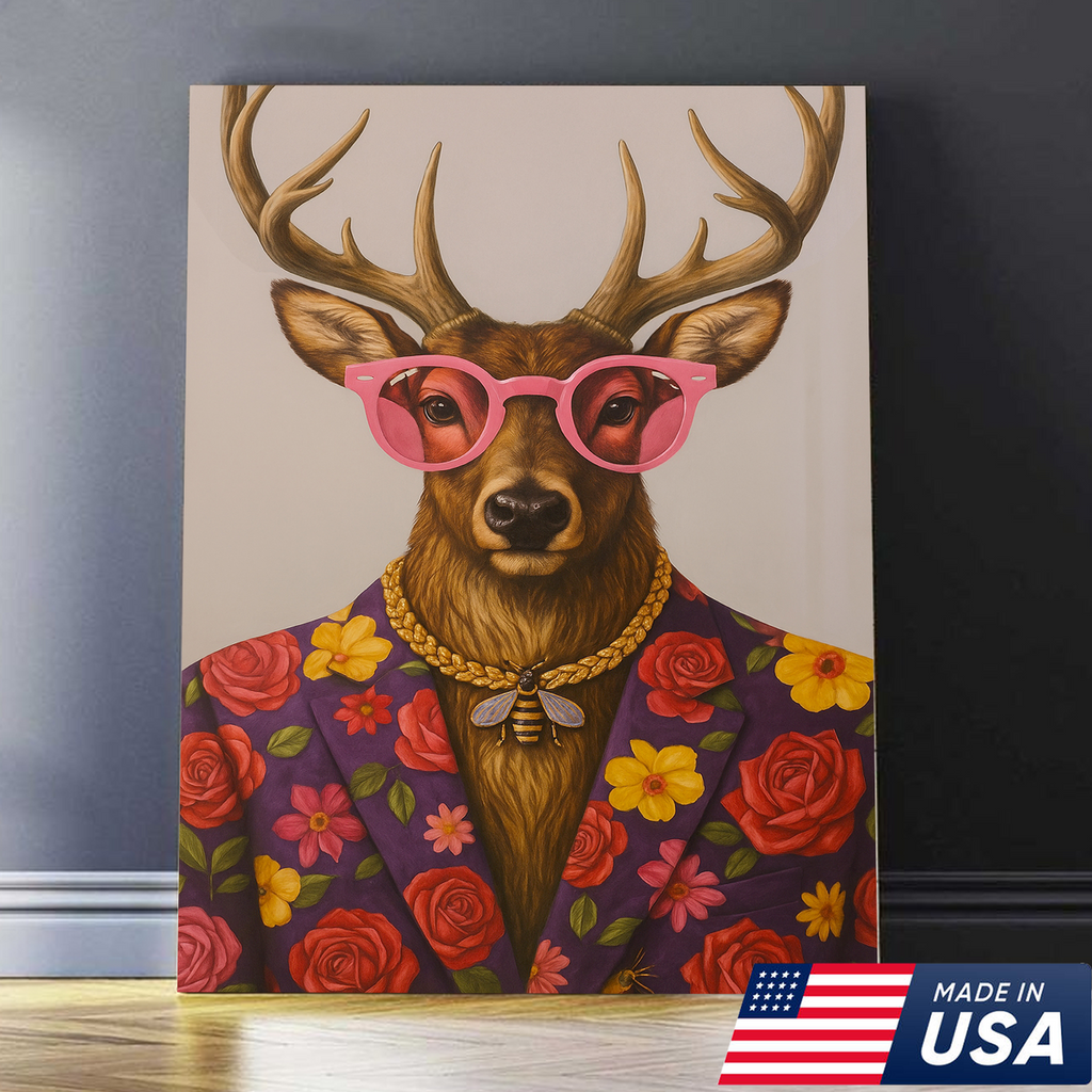 Funny Deer Wall Art Canvas – Stylish Hunter Canvas with Floral Suit & Sunglasses