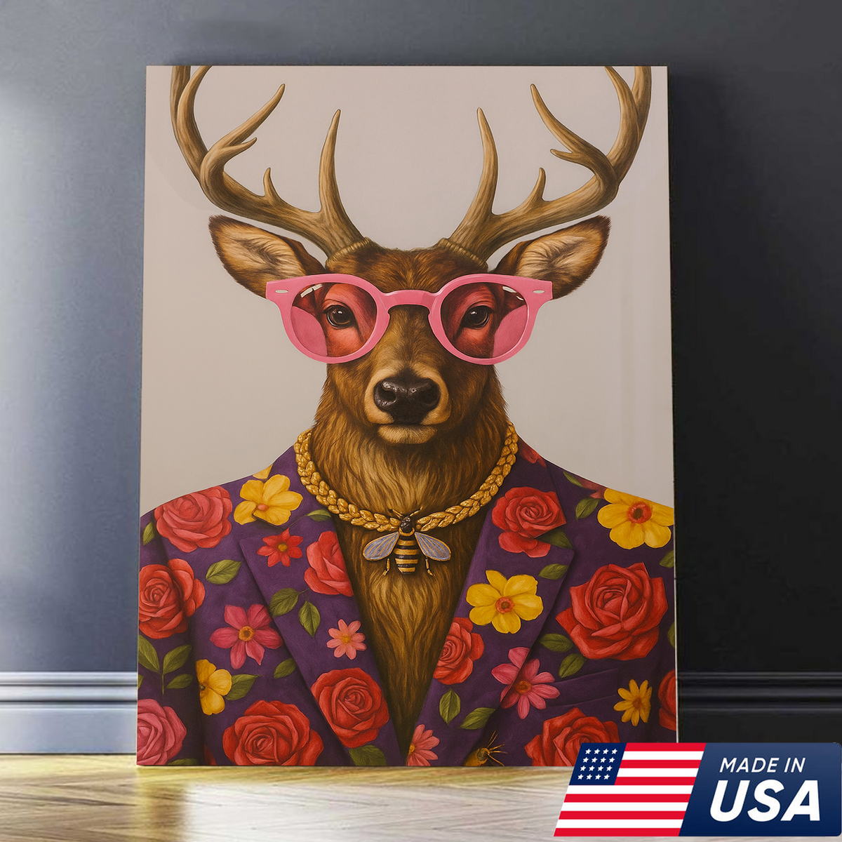 Funny Deer Wall Art Canvas – Stylish Hunter Canvas with Floral Suit & Sunglasses