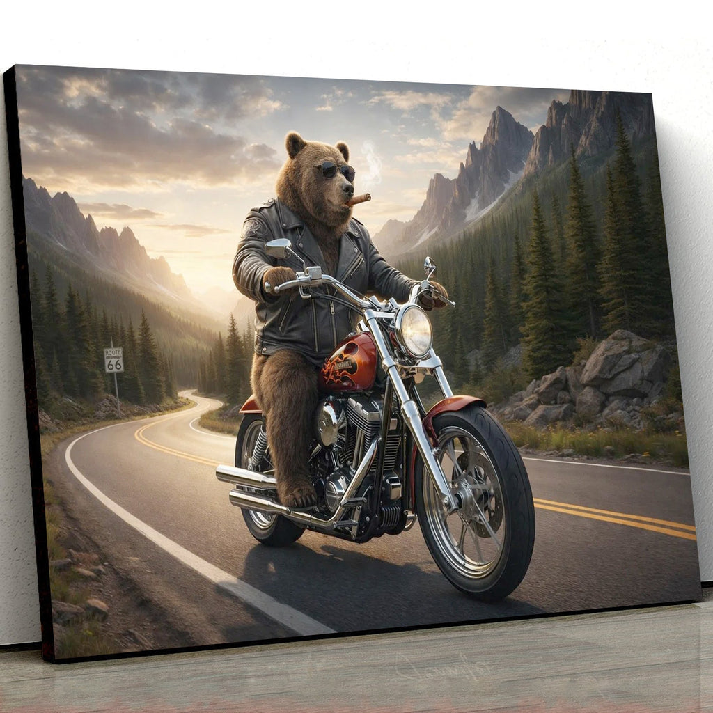 Cool Biker Bear Canvas Wall Art, Motorcycle Bear Riding Scenic Mountain Highway