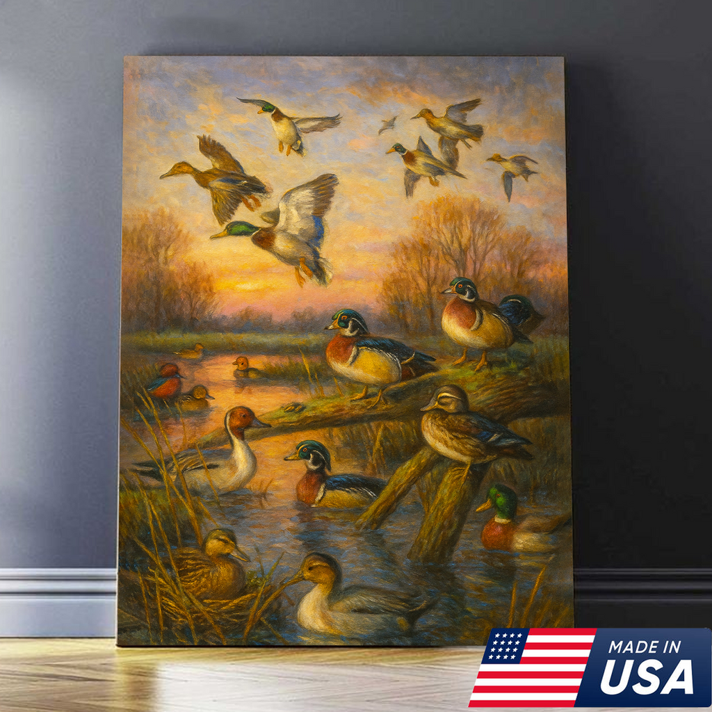 Duck Hunting Canvas Wall Art – Oil Painting Style Waterfowl at Sunset Rustic Lodge Decor