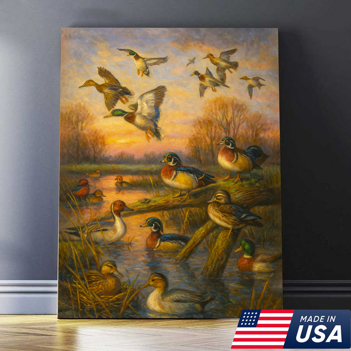Duck Hunting Canvas Wall Art – Oil Painting Style Waterfowl at Sunset Rustic Lodge Decor