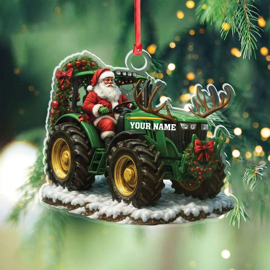Custom Name Santa Tractor Ornament, Farmer Christmas Tree Decor, Personalized Farm Gift