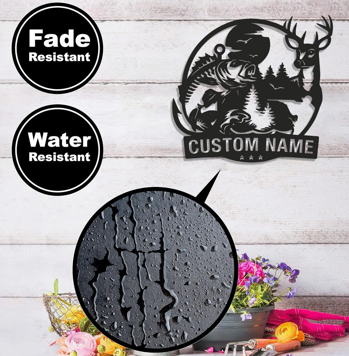 Personalized Deer and Fish Hunting Metal Sign WITH LED/WITHOUT LED, Rustic Cabin Wall Decor