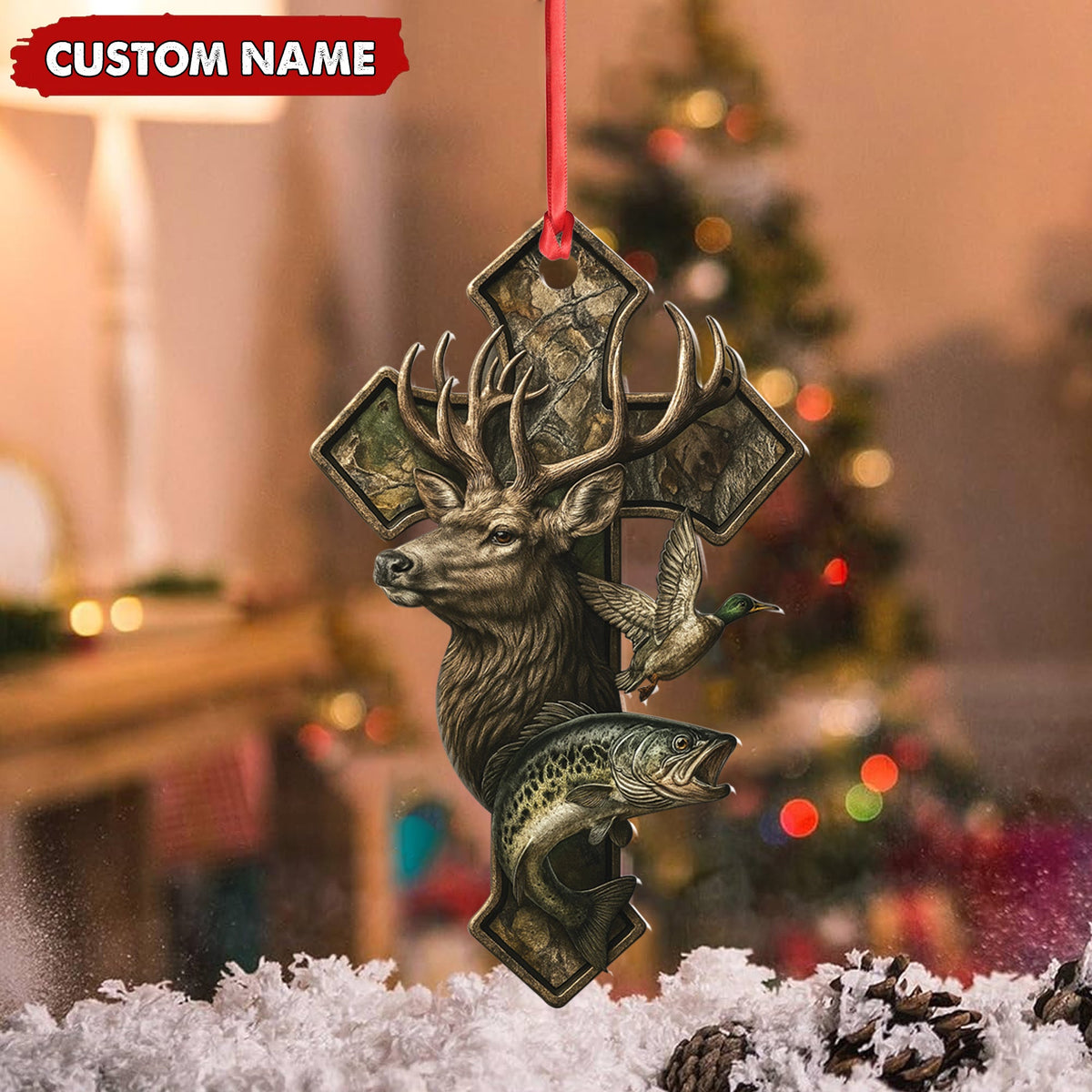 Personalized Hunter Acrylic Ornament – Deer, Duck & Fish Cross Design for Christmas Tree Decor