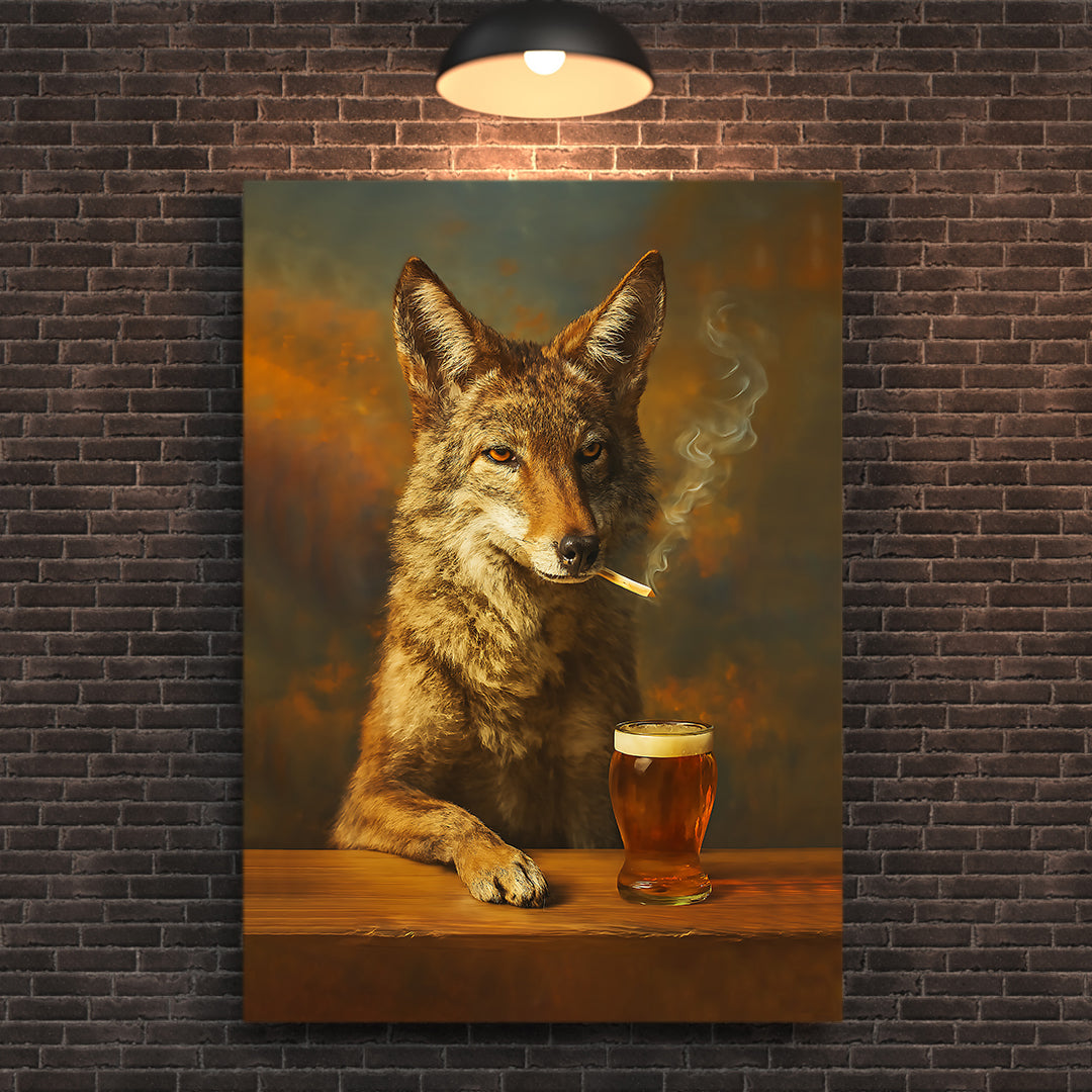 Smoking Wolf Coyote with Cocktail Glasses Canvas – Funny Hunting Wall Art for Man Caves