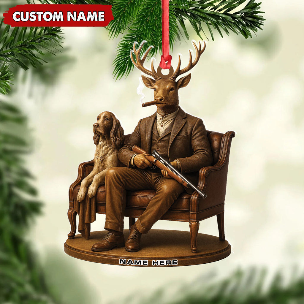 Personalized Acrylic Deer Christmas Ornament – Elegant Hunter Buck with Dog Holding Rifle Holiday Decor