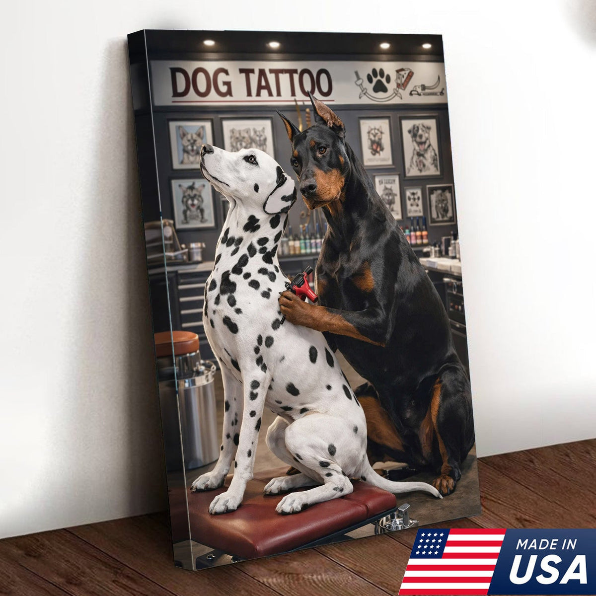 Funny Dog Tattoo Studio Canvas Wall Art, Doberman Tattoo Artist with Dalmatian Client