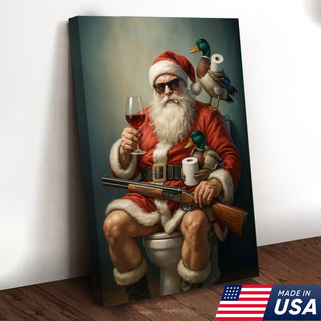 Santa Duck Hunting Christmas Canvas – Funny Holiday Wall Art for Rustic Cabin Bathroom Decor