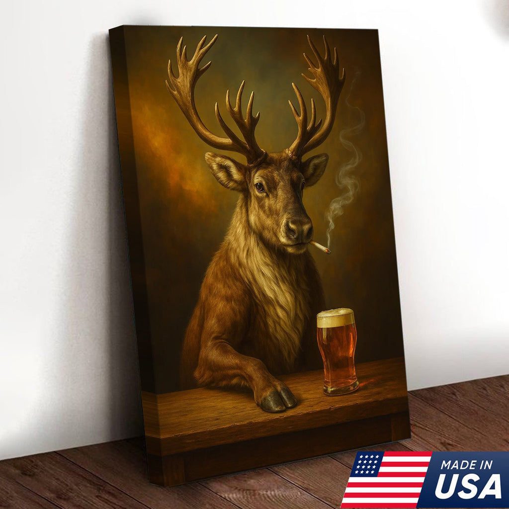 Rustic Caribou Canvas Wall Art – Majestic Caribou with Beer Glass – Hunting Cabin Lodge Decor