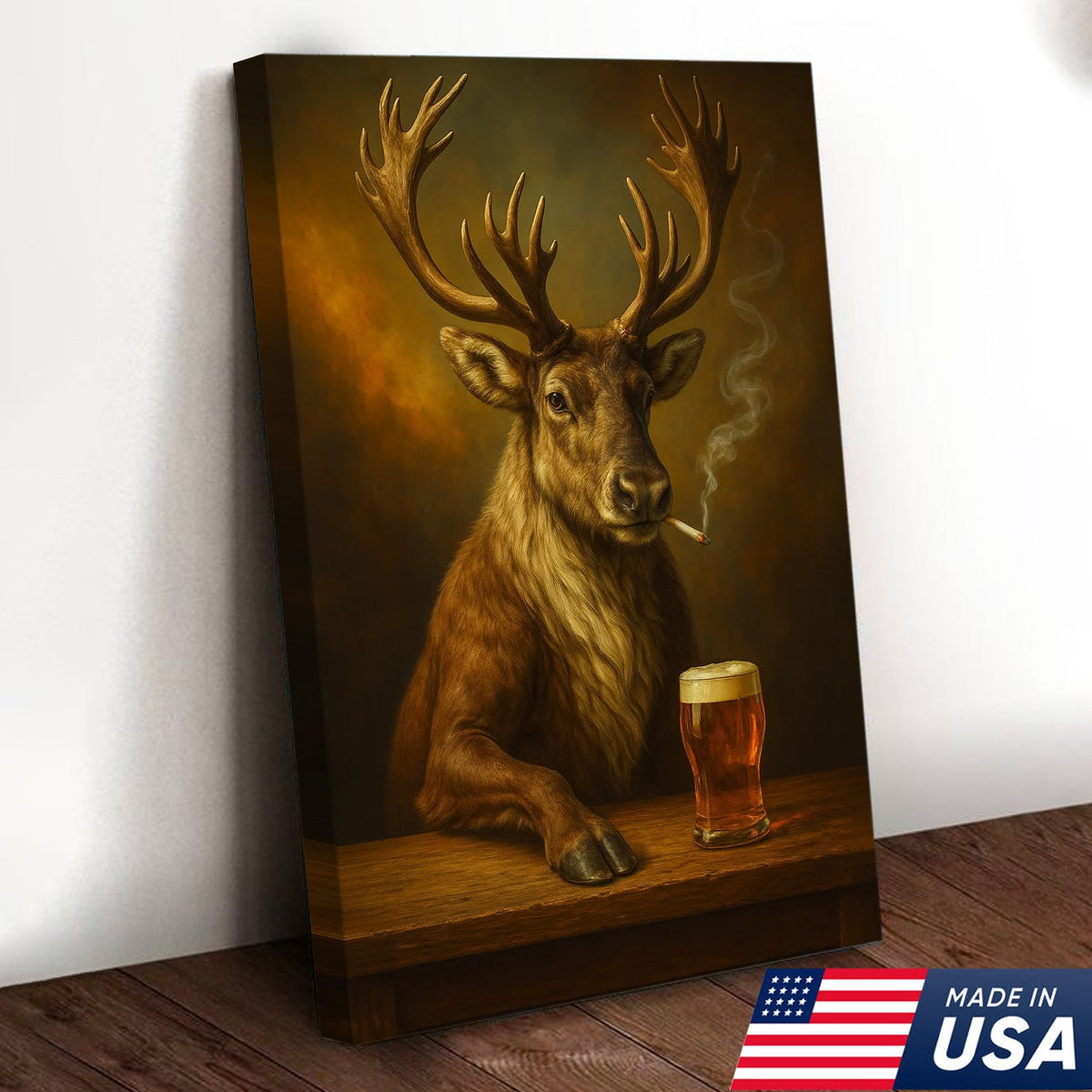 Rustic Caribou Canvas Wall Art – Majestic Caribou with Beer Glass – Hunting Cabin Lodge Decor