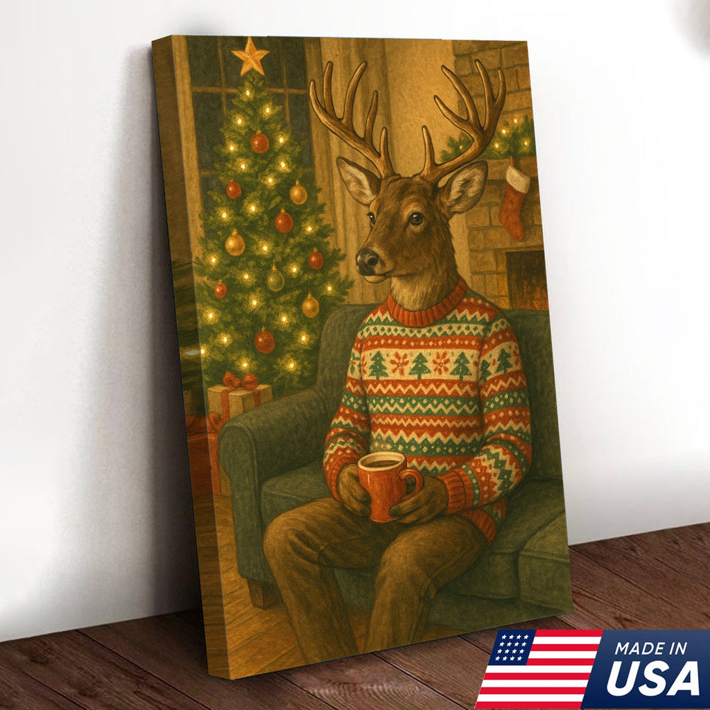 Cozy Christmas Deer Canvas Wall Art Print – Holiday Reindeer With Hot Cocoa