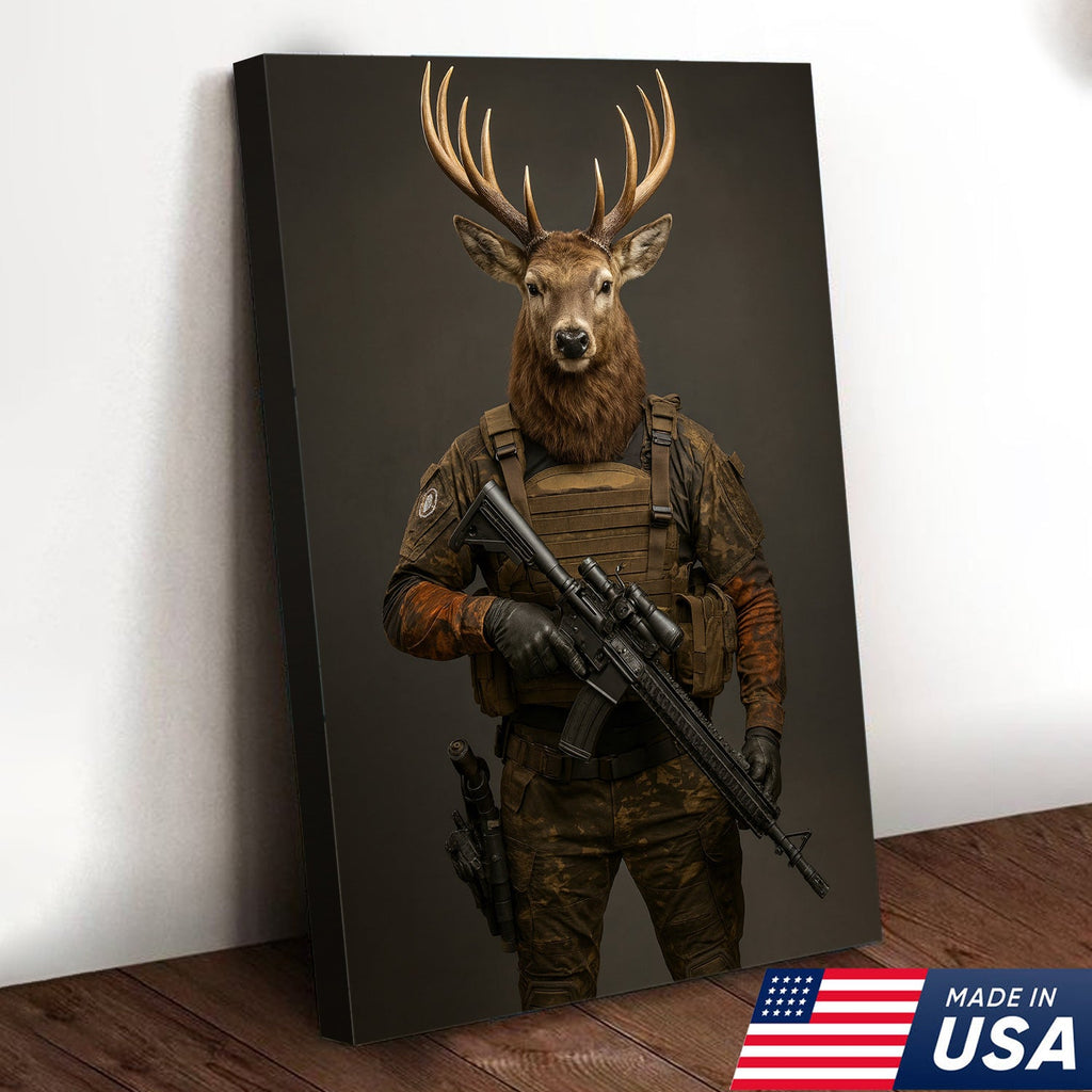 Tactical Deer Soldier Wall Art Canvas – Military Buck Canvas Print for Man Cave & Hunter Decor
