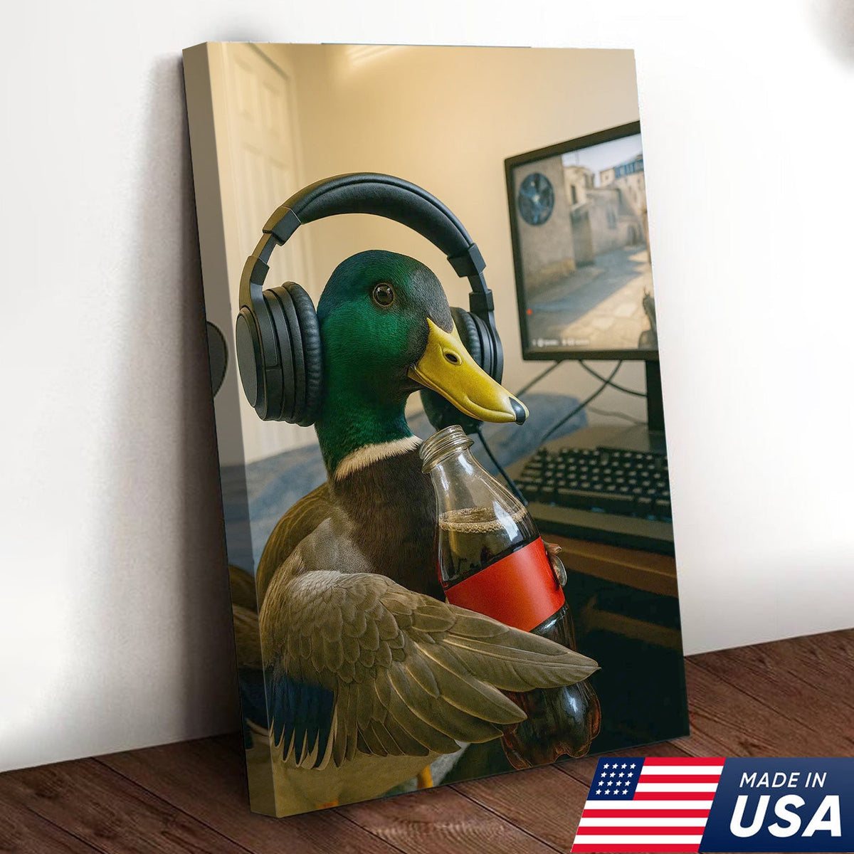 Funny Gamer Duck Canvas Wall Art, Mallard With Headphones and Soda